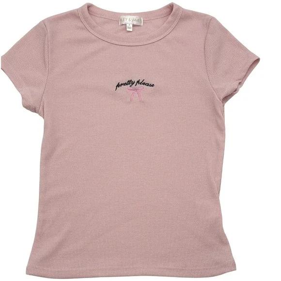 Riley James Ribbed T-Shirt Pretty Please Pink Bow Embroidered Top Short Sleeve S - Picture 5 of 6